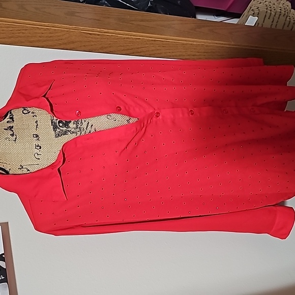 3x button down light weight top. Front of the top features red rinestones. - Picture 2 of 3